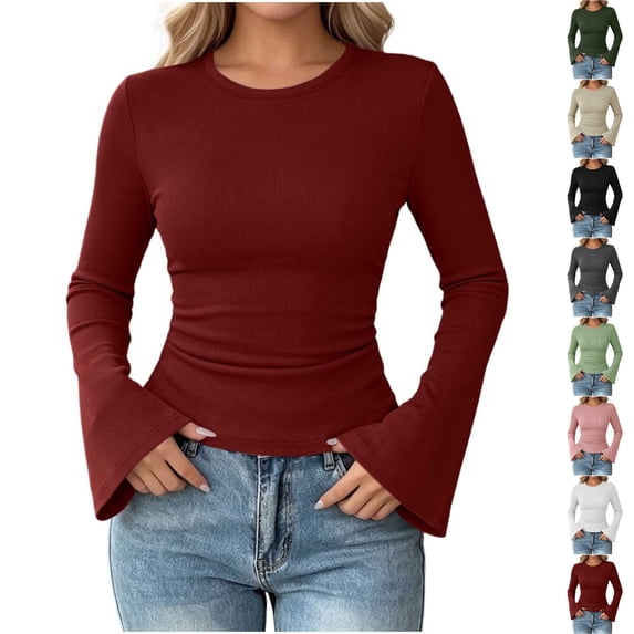 Perfectbot Women's Flare Long Sleeve T-Shirt Crewneck Fitted Stretchy Ruched Waist Fall Trendy Basic Tee