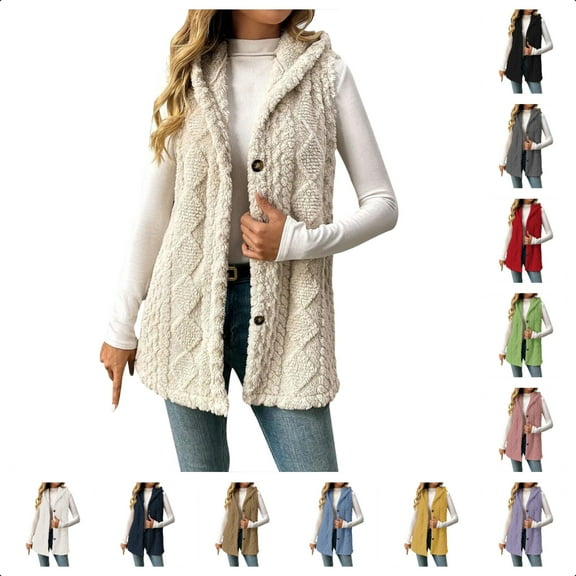 Perfectbot Women's Fleece Vest Button Sherpa Hooded Vest, Fuzzy Warm Jacket, Casual Comfy Outerwear