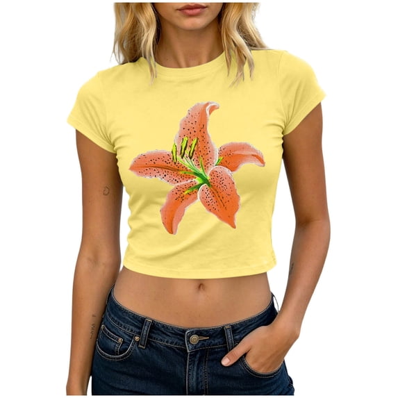Perfectbot Women’s Floral Print Cropped T-Shirt, Short Sleeve Lily Graphic Baby Tee, Casual Summer Top