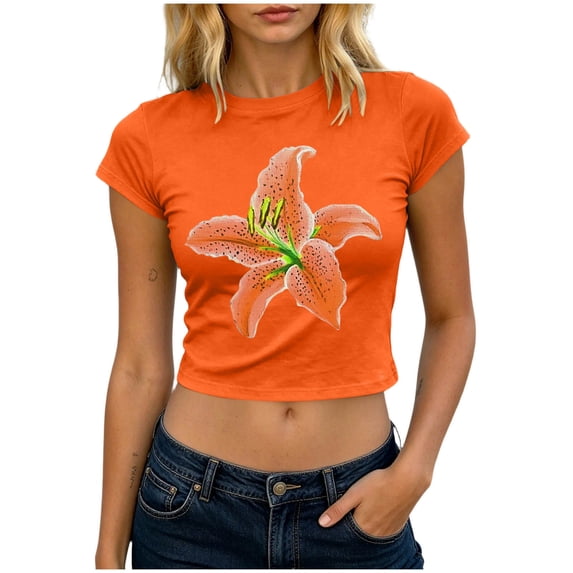 Perfectbot Women’s Floral Print Cropped T-Shirt, Short Sleeve Lily Graphic Baby Tee, Casual Summer Top