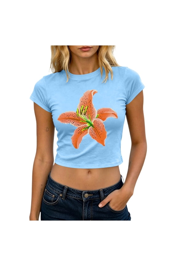 Women’s Floral Print Cropped T-Shirt, Short Sleeve Lily Graphic Baby Tee, Casual Summer Top
