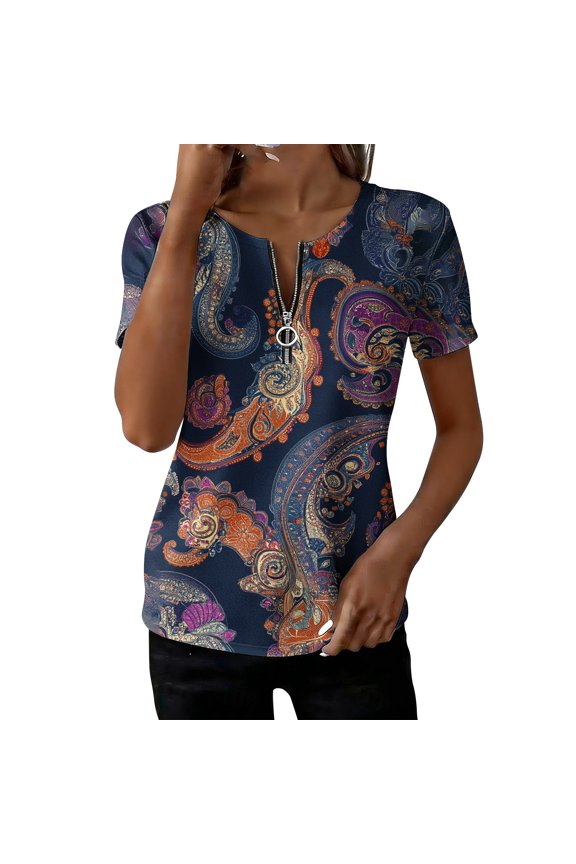 Women's Floral Print Quarter Zip T-Shirt, Short Sleeve V Neck Summer Tops, Trendy Flower Blouse