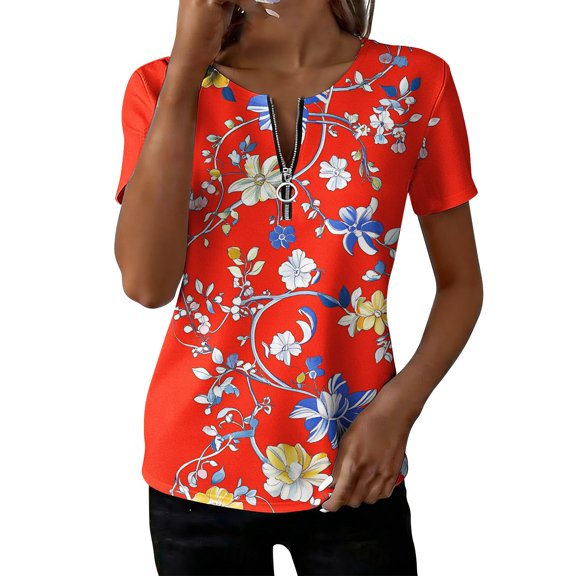Perfectbot Women's Floral Print Quarter Zip T-Shirt, Short Sleeve V Neck Summer Tops, Trendy Flower Blouse
