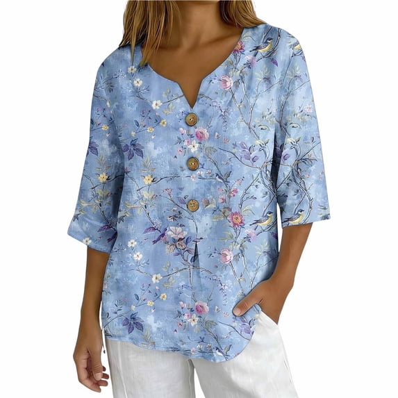 Perfectbot Women's Floral Print V Neck Blouse 3/4 Sleeve Button Henley Shirt with Pockets Casual Top