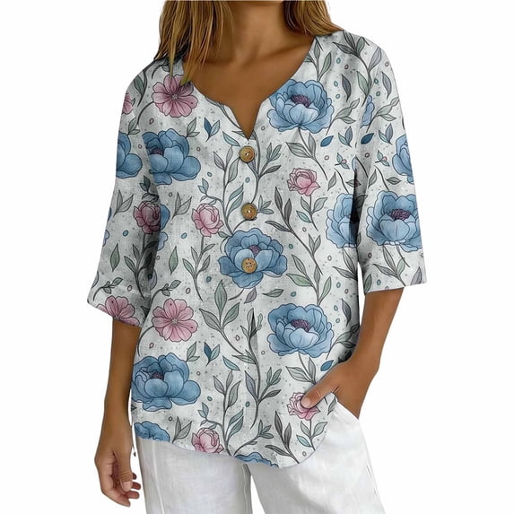 Perfectbot Women's Floral Print V Neck Blouse 3/4 Sleeve Button Henley Shirt with Pockets Casual Top