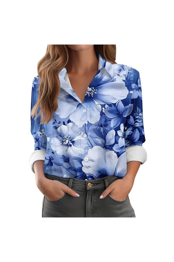 Women's Floral Printed Button Down Blouse - Dressy Long Sleeve Casual Top, Sizes S-5XL