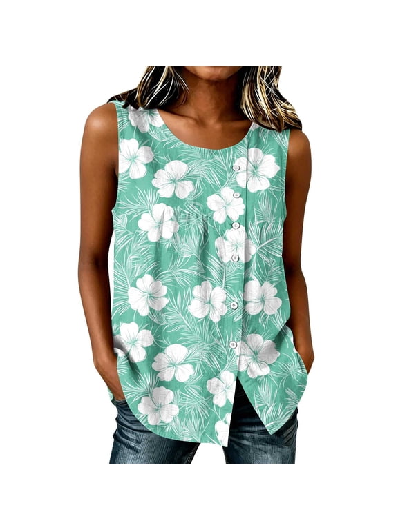 Women's Floral Sleeveless Blouse, Casual Round Neck Tank Top with Button Down for Everyday Wear