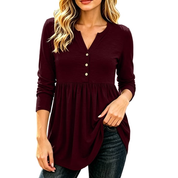 Perfectbot Women's Flowy Babydoll Tunic Top Long Sleeve V Neck Button Up Shirt Pleated A-Line Blouse