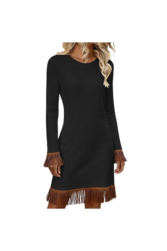 Women's Fringe Trim Sweater Dress, Long Sleeve Crew Neck Ribbed Knit Mini Length, Casual Trendy
