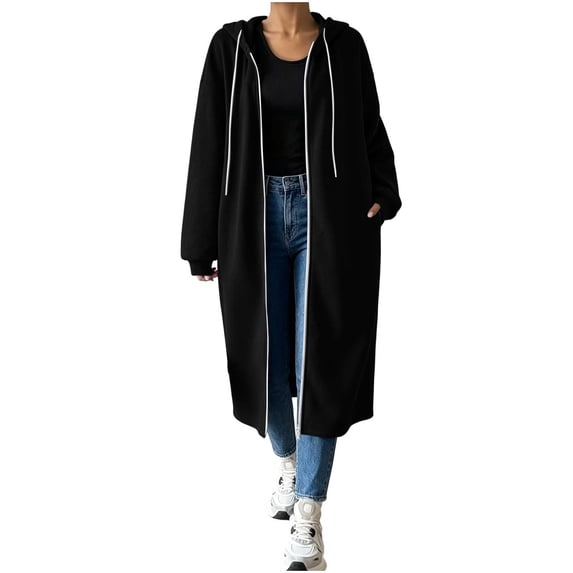 Perfectbot Women's Full Zip Maxi Length Hooded Sweatshirt Coat, Oversized Drop Shoulder Long Hoodie Duster Jacket
