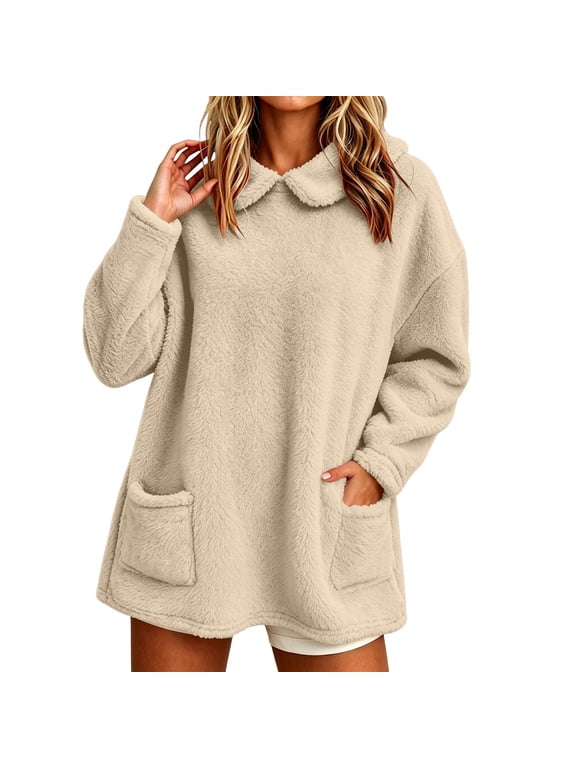 Women's Fuzzy Fleece Long Sleeve Tunic Top, Thermal Fall Winter Loose Pullover with Side Pockets