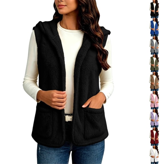 Perfectbot Women's Fuzzy Hooded Vest Open Front Sleeveless Jacket Fall Winter Layering Outerwear with Pockets