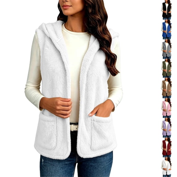 Perfectbot Women's Fuzzy Hooded Vest Open Front Sleeveless Jacket Fall Winter Layering Outerwear with Pockets