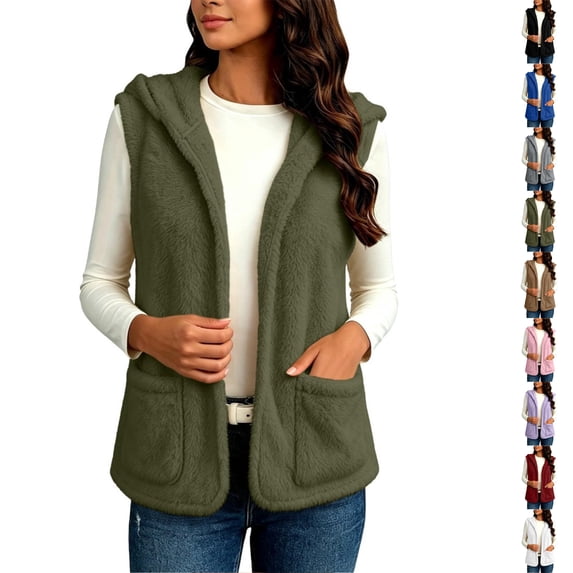 Perfectbot Women's Fuzzy Hooded Vest Open Front Sleeveless Jacket Fall Winter Layering Outerwear with Pockets