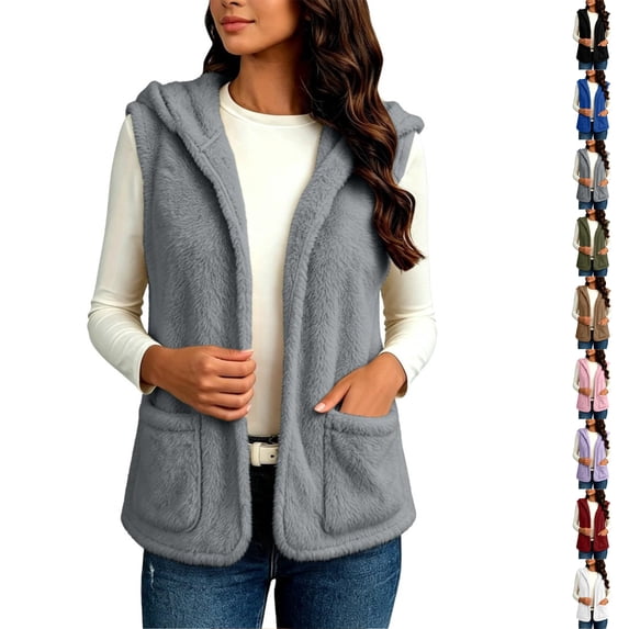 Perfectbot Women's Fuzzy Hooded Vest Open Front Sleeveless Jacket Fall Winter Layering Outerwear with Pockets