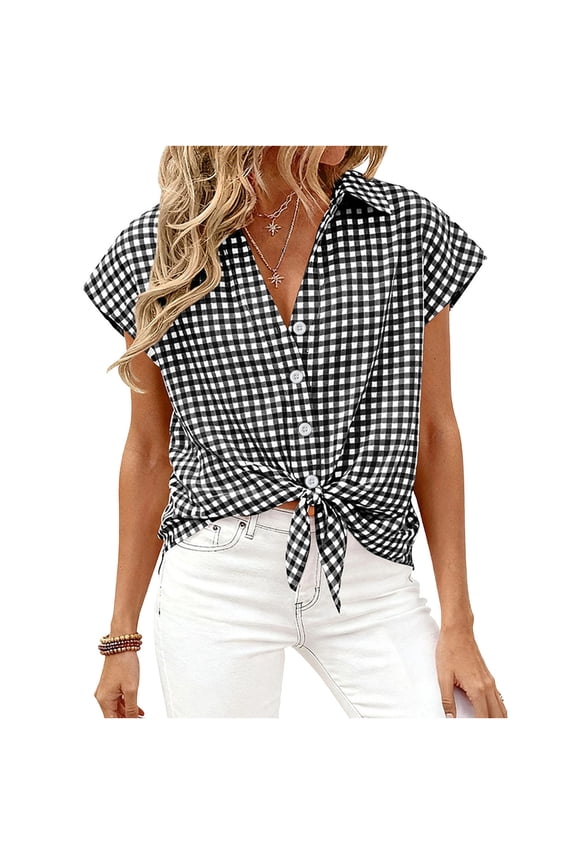 Women's Gingham Plaid Tie Front Button Down Shirt, Cap Sleeve Loose Summer Trendy Casual Blouse