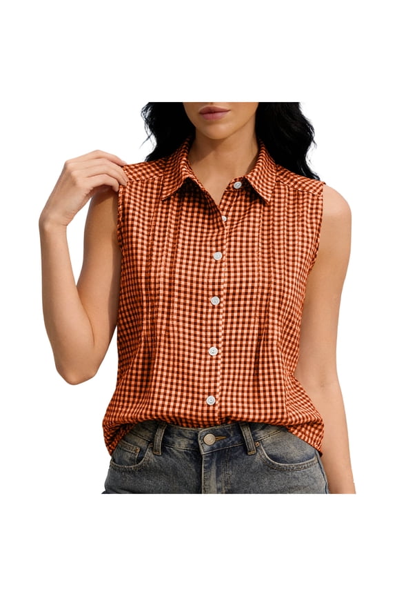 Women's Gingham Sleeveless Button Down Shirts Pleated Front Collared Casual Tank Tops