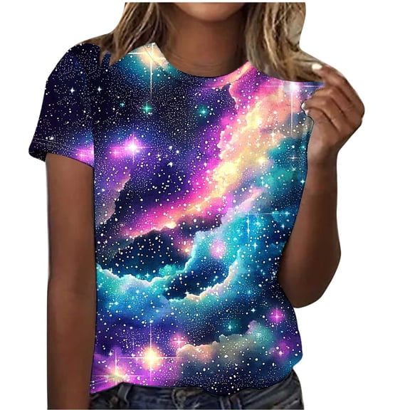 Perfectbot Women's Glitter Print Short Sleeve Crew Neck Loose Casual Sparkly Graphic Blouse S-3XL