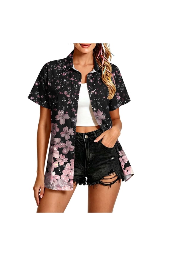 Women's Hawaiian Button Down Shirt Open Front Short Sleeve Printed Summer Blouse, Sizes S-5XL