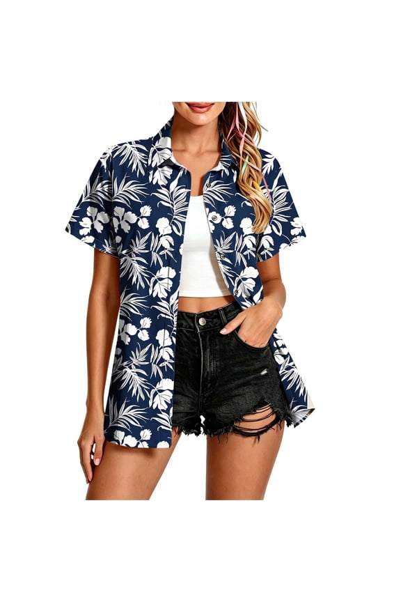 Women's Hawaiian Button Down Shirt Open Front Short Sleeve Printed Summer Blouse, Sizes S-5XL