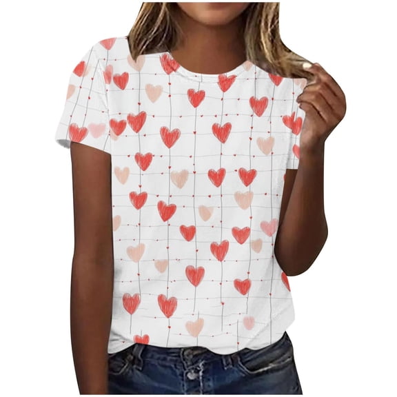 Perfectbot Women's Heart Print Valentine's Top - Short Sleeve Dressy Casual Holiday Blouse, Sizes S-5XL