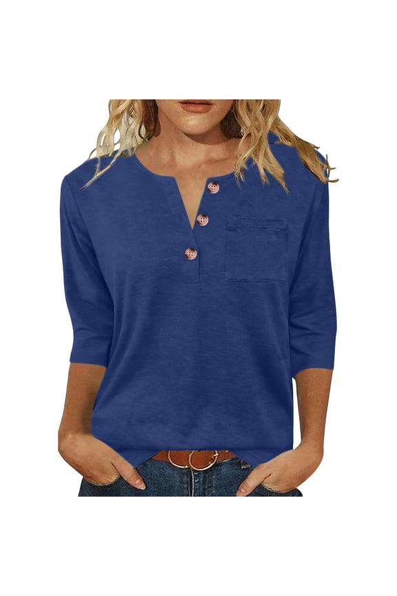 Women's Henley 3/4 Sleeve T-Shirts, Button Up Chest Pocket Solid Color Tee Tops