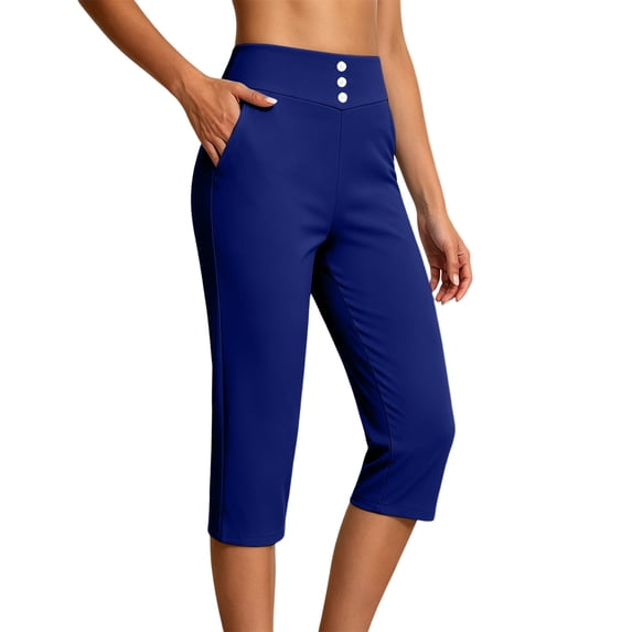 Perfectbot Women's High Waist Capri Pants with 3 Button Detail Stretchy Straight Leg with Pockets