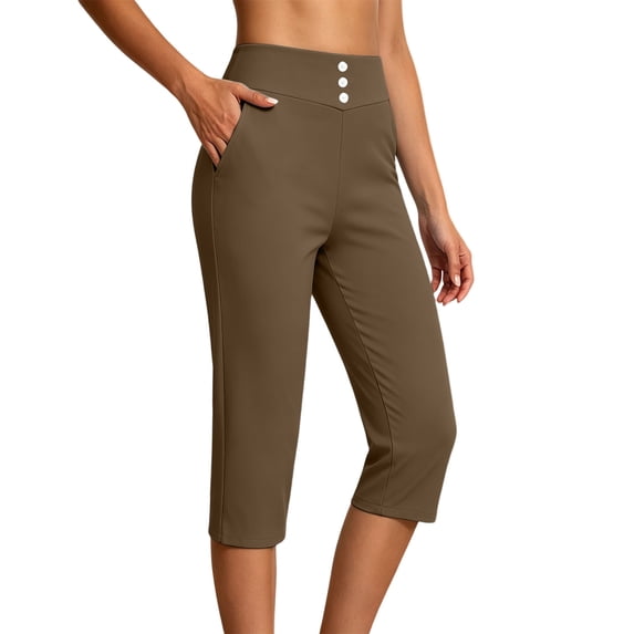 Perfectbot Women's High Waist Capri Pants with 3 Button Detail Stretchy Straight Leg with Pockets