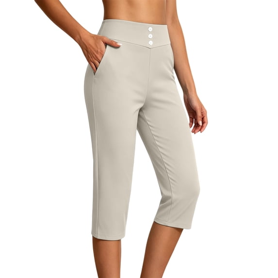 Perfectbot Women's High Waist Capri Pants with 3 Button Detail Stretchy Straight Leg with Pockets