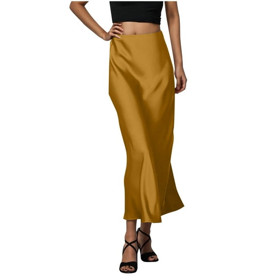 Perfectbot Women's High Waist Satin Midi Skirt - Casual Elastic Waist Knee Length Dressy Skirt