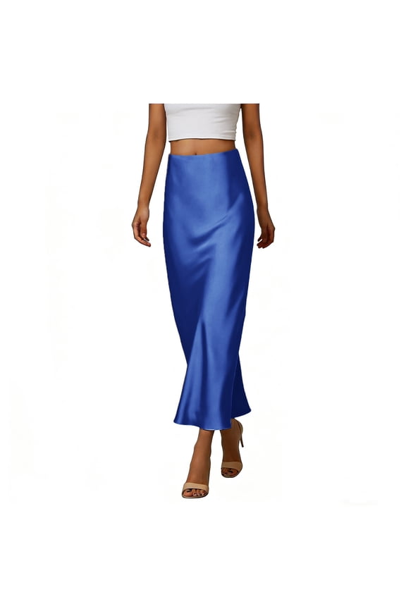 Women's High Waist Satin Midi Skirt - Casual Elastic Waist Knee Length Dressy Skirt
