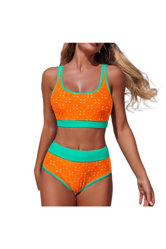 Women's High Waisted Bikini Set, Color Block Two-Piece Swimsuit with Adjustable Straps