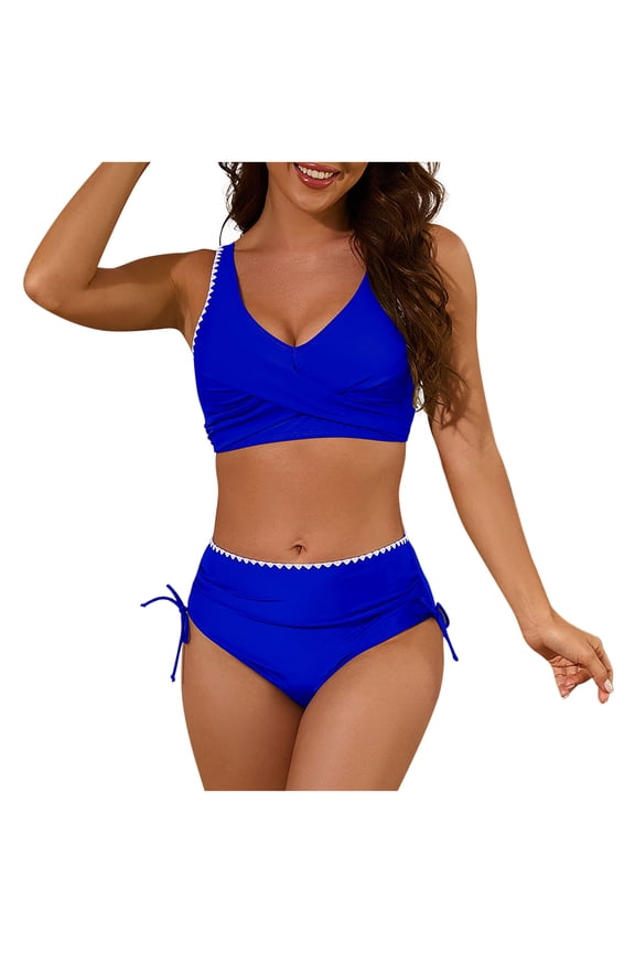 Women's High Waisted Bikini Set, Deep V Neck Padded Ruched Push Up Two-Piece Swimsuit