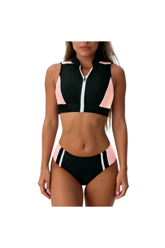 Women's High Waisted Bikini Set, Front Zipper Sporty Color Block Two-Piece Swimsuit