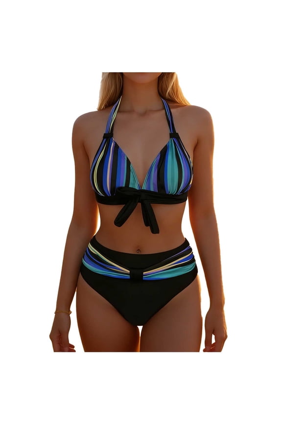 Women's High Waisted Bikini Set, Halter Two-Piece Swimsuit with Vintage Print & Bow Decor