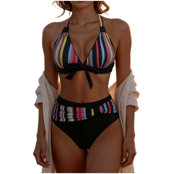 Perfectbot Women's High Waisted Bikini Set, Halter Two-Piece Swimsuit with Vintage Print & Bow Decor