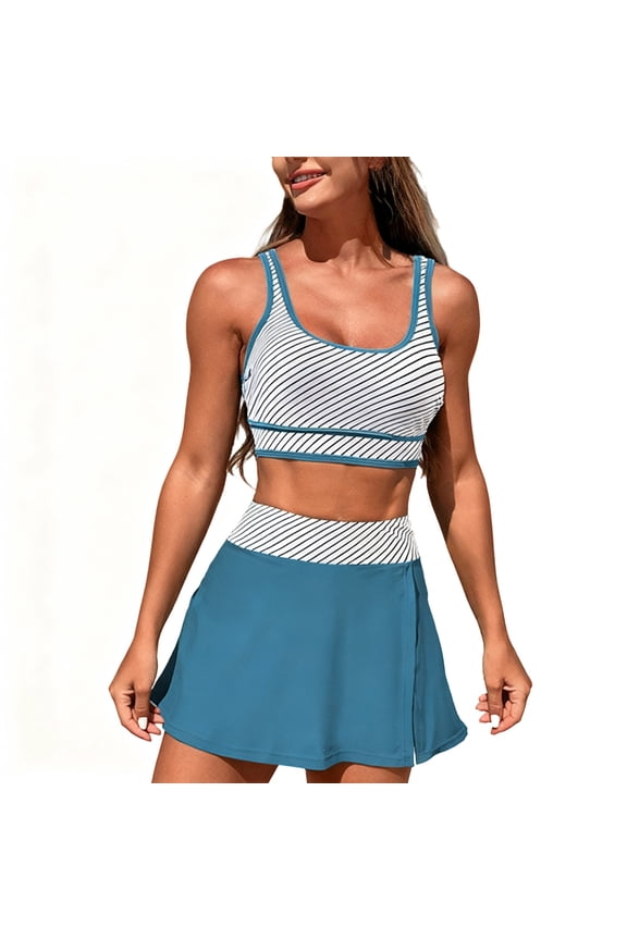 Women's High Waisted Bikini Set, Tummy Control Skort & Crop Tank, Color Block Beach Bathing Suit