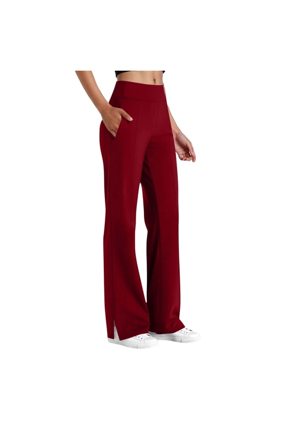Women's High Waisted Slim Fit Pants, Straight Leg Slit Hem Elastic Waistband Trousers