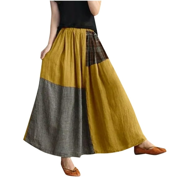 Perfectbot Women's High Waisted Vintage Maxi Skirt - Cotton Linen Color Block Patchwork Long Skirt