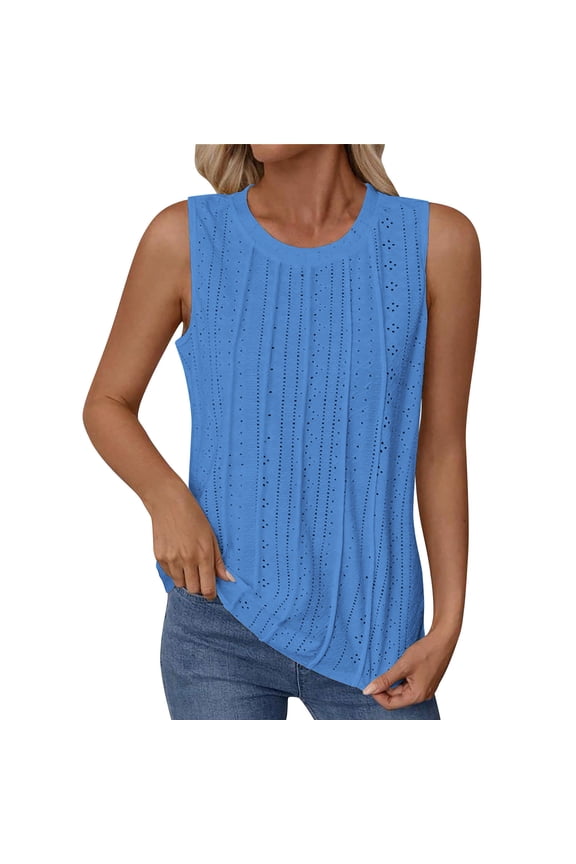 Women's Hollow Out Tank Top, Summer Round Neck Pleated Cami Lightweight Breathable