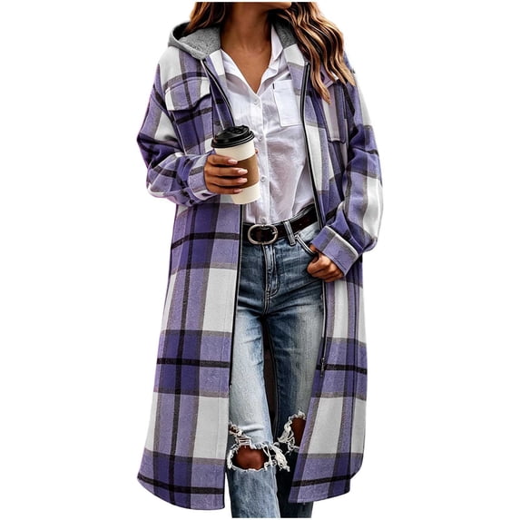 Perfectbot Women's Hooded Plaid Shacket, Full Zip Mid-Length Flannel Fall Jacket with Chest Pockets