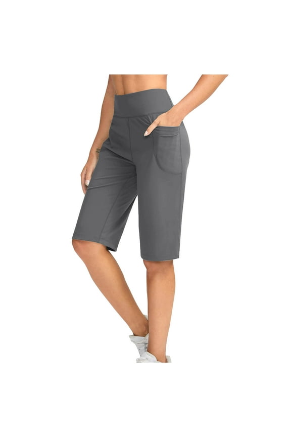 Women's Knee Length Bermuda Shorts - High Waisted Athletic Casual Summer Shorts with Pockets