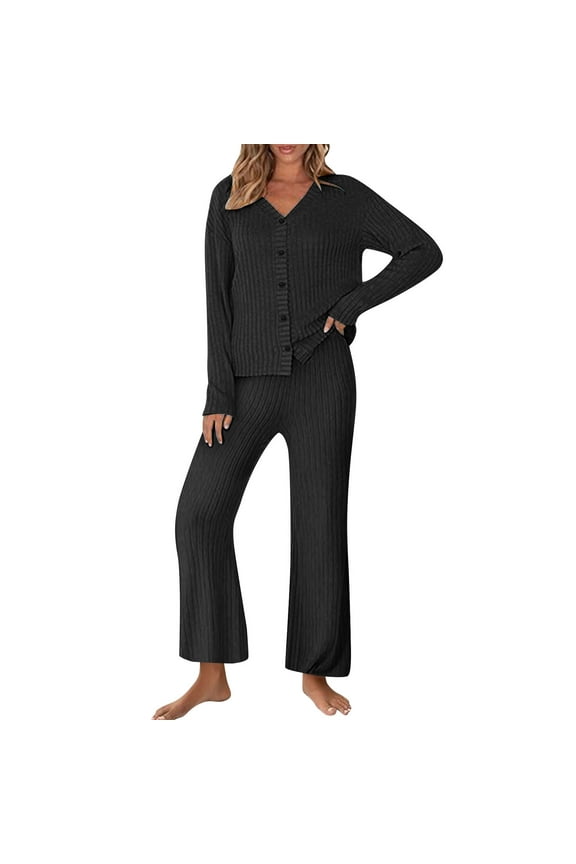 Women's Knit Sweater Set, Long Sleeve Cardigan & Wide Leg Pants, Ribbed Loungewear