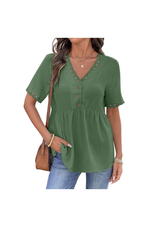 Women's Lace Trim Button Up Blouse Babydoll Peplum Short Sleeve Summer Top for Dressy Casual Wear