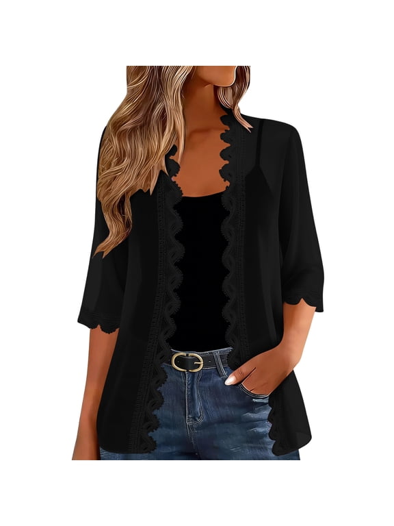 Women's Lace Trim Sheer Chiffon Cardigans Lightweight Open Front Kimono Cover Ups Summer Daily Wear