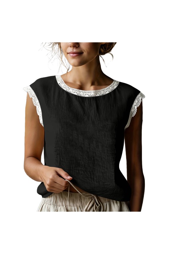 Women's Lace Trim Tank Top – Crinkle Lightweight Round Neck Sleeveless Casual Tee Summer Wear