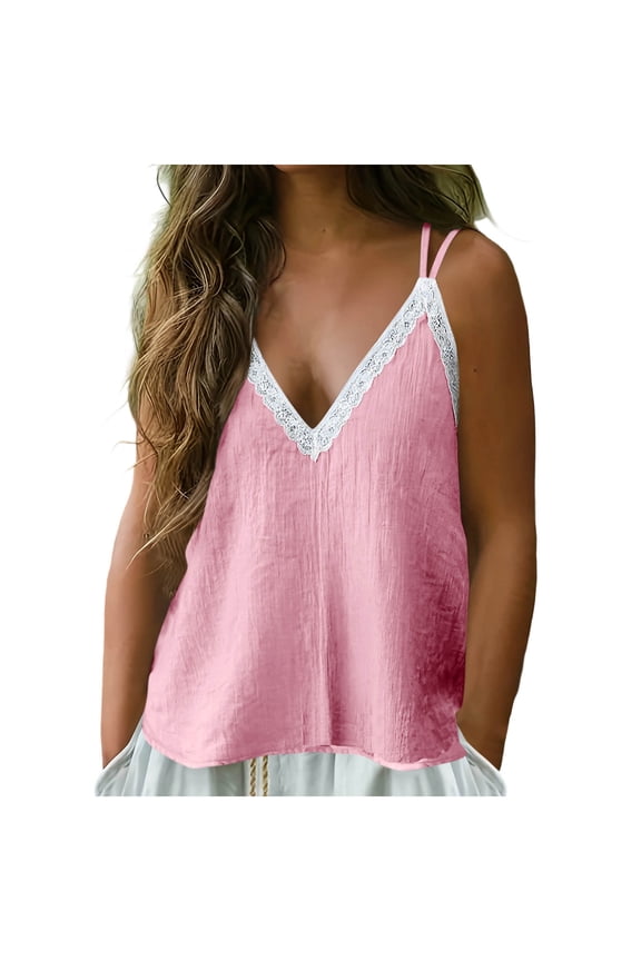 Women's Lace Trim V Neck Cami Tops Sleeveless Spaghetti Strap Flowy Casual Summer Tank Top