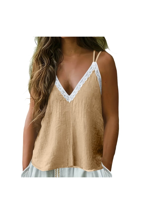 Women's Lace Trim V Neck Cami Tops Sleeveless Spaghetti Strap Flowy Casual Summer Tank Top