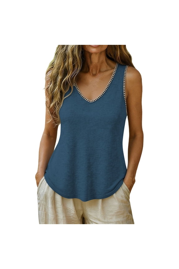 Women's Lightweight Knit Tank, V-Neck Contrast Trim Sleeveless Casual Top for Summer