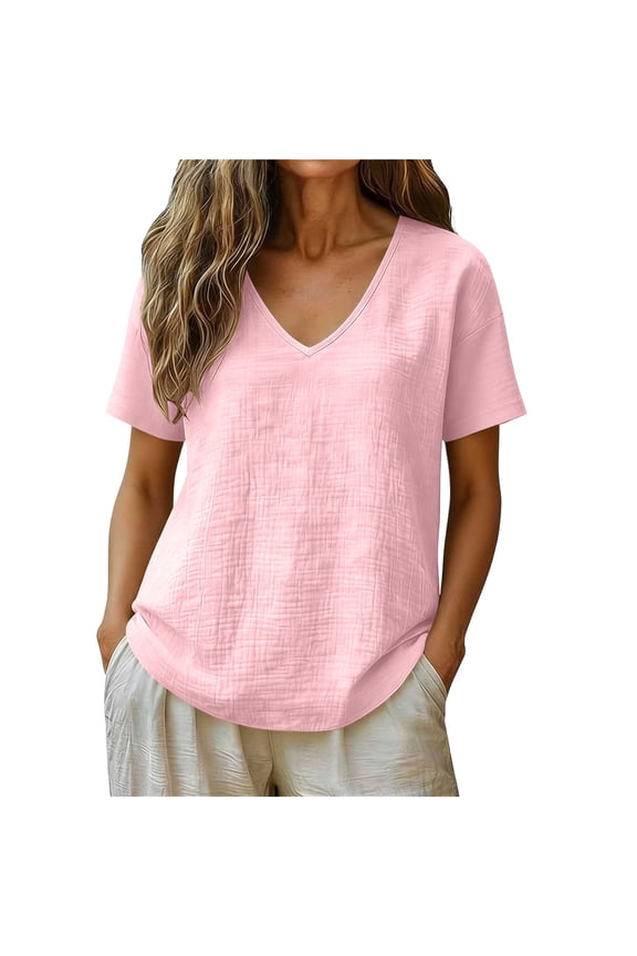 Women's Lightweight Loose Fit Cotton T-Shirts, Casual V Neck Short Sleeve Breathable Summer Blouse